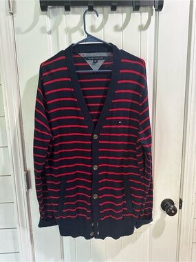 Tommy Hilfiger Men’s XL 100% Cotton Cardigan Navy Red Stripe Preppy nautical